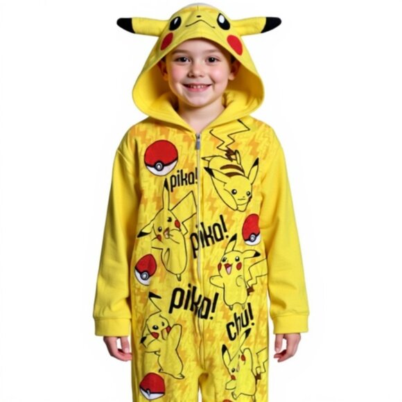 POKÉMON Pikachu Costume Pajama Suit Youth 14/16 Hooded Zip Up Halloween Sleeper - Picture 1 of 11